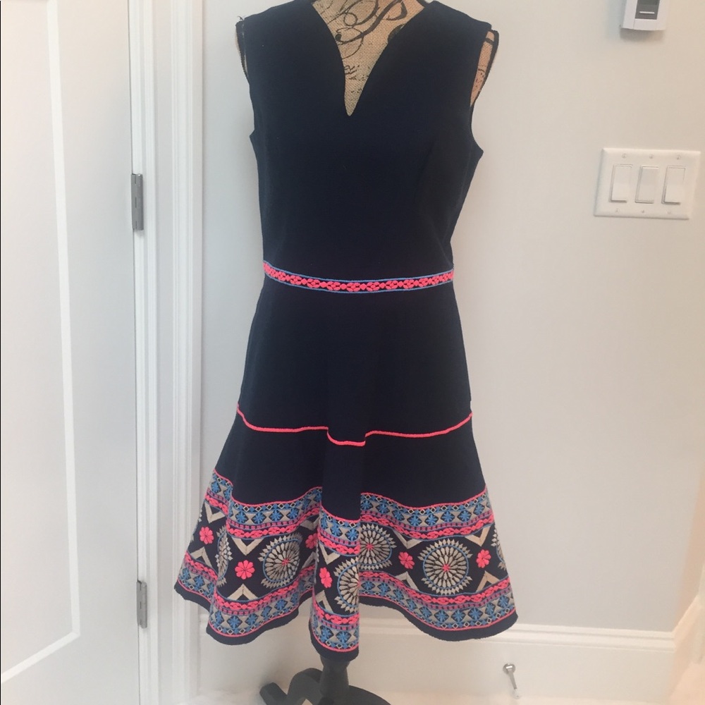 Shoshanna Black Fit-and-Flare Mini Dress with Pink and Blue Embroidery